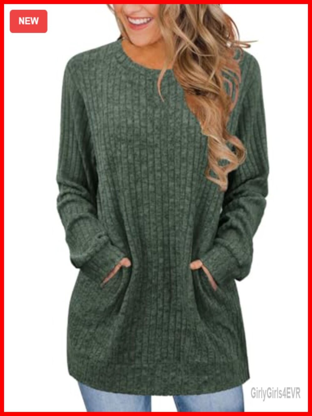 Womens Long Sleeve Crewneck Tunic Sweater Pullover with Pocket
